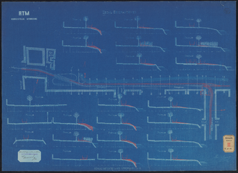 F-468 Tekeningen op blauw papier van de situatie van de nieuwe lijn Boompjes, Eendrachtsweg, Mauritsweg, Kruiskade, met ...