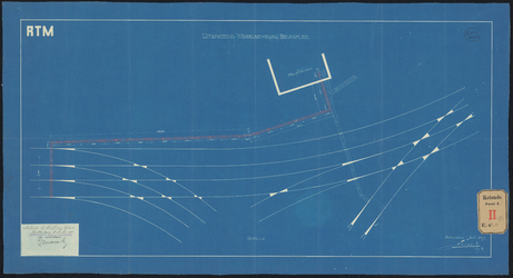 F-470 Tekening op blauw papier in twee bladen, waarop de uitbreiding van de wisselbeweging voor de Rotterdamse Tramweg ...