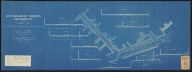 F-477 Situatietekening op blauw papier in twee bladen van de aanleg van dubbele tramlijnen van de Schiedamsesingel, ...