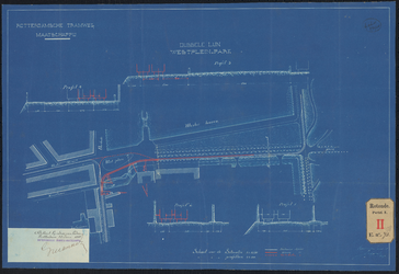 F-478 Situatietekening op blauw papier in twee bladen van de aanleg van dubbele tramlijnen van de Schiedamsesingel, ...