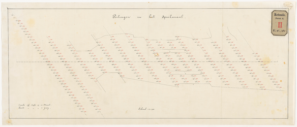 G-183 Calque op linnen van de kaart van het Spuikanaal met peilingen op 22 maart en 6 juni 1879.