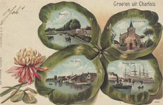 PBK-1107 Prentbriefkaart met vier afbeeldingen van Oud-Charlois.Linksboven: RietdijkLinkonder: Het SpuiRechtsboven: ...