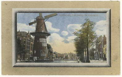 PBK-1444 Korenmolen De Hoop aan de Coolsingel, tot het jaar 1911 was de naam De Roomolen en in 1920 werd de molen ...
