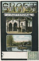 PBK-1872 Prentbriefkaart met 2 verschillende afbeeldingen van de Rotterdamsche Diergaarde aan de Kruisstraat. Boven: ...