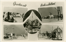 PBK-1986-304 Fotokaart met 5 verschillende afbeeldingen van het strand Hoek van Holland. Van boven naar beneden:-1-2-3-4-5