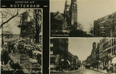 PBK-1987-1177 Fotokaart met 3 verschillende afbeeldingen.Links: de bollenmarkt op de Goudsesingel.Rechtsboven: de ...