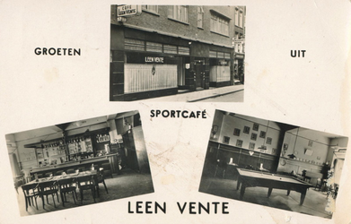 PBK-1987-1311 Prentbriefkaart met 3 afbeeldingen van het exterieur en het interieur van sportcafé Leen Vente aan de ...