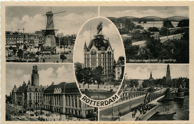 PBK-1987-565 Prentbriefkaart met 5 verschillende afbeeldingen. Van boven naar beneden:-1 Oostplein.-2 Plantsoen ...