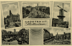 PBK-1987-573 Prentbriefkaart met 5 afbeeldingen: Linksboven: stadhuis Coolsingel; linksonder:de Kolk; midden: de ...