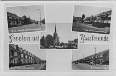 PBK-1989-555 Fotokaart met 5 verschillende afbeeldingen van IJsselmonde. Van boven naar beneden:-1 R.K. School, ...