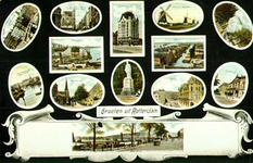 PBK-1993-375 Prentbriefkaart met 13 verschillende stads- en havengezichten. Van boven naar beneden:Regentessebrug, ...