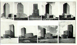 PBK-1993-950 9 afbeeldingen van het GEB-gebouw aan de Rochussenstraat, genomen uit diverse richtingen,op één prentbriefkaart.