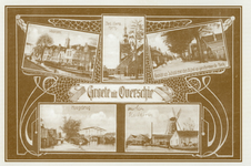 PBK-2006-3 Prentbriefkaart met 5 afbeeldingen van Overschie.Linksboven: Het Voorom.Midden: De Nederlandse Hervormde ...