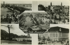PBK-2006-6 Fotokaart met rivier- en stadsgezichten van de Oude Maasstad. Met de klok mee: Spoorbrug, de Willemsbrug en ...