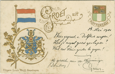 PBK-2007-116 Prentbriefkaart met links de vlag en het wapen van Nederland en rechts het wapen van Rotterdam.