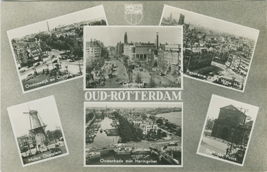 PBK-2008-408 Fotokaart met 6 stadsgezichten.-1 Oostzeedijk en Oostplein.-2 Molen Oostplein.-3 Coolsingel.-4 Oosterkade ...
