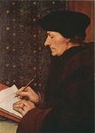PBK-2008-480 Prentbriefkaart naar een portret van de schrijvende Desiderius Erasmus, van de schilder Hans Holbein de ...