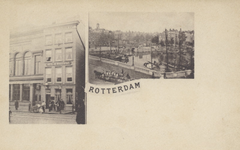 PBK-2200 2 afbeeldingen op één prentbriefkaart.Links: op nummer 18, het Rotterdams Leeskabinet, pand rechts op nummer ...
