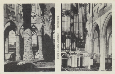 PBK-2472 Prentbriefkaart met 2 afbeeldingen van voor en na het bombardement van 14 mei 1940.Gezicht naar het orgel toe, ...