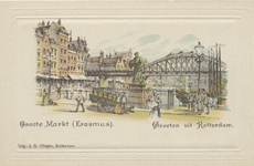 PBK-2558 De Grotemarkt vanuit het westen. Op de achtergrond het spoorwegviaduct; op de voorgrond het standbeeld van Erasmus.