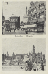 PBK-2935 Prentbriefkaart met 2 afbeeldingen van voor en na het bombardement van 14 mei 1940.Boven: Het Hofplein met ...