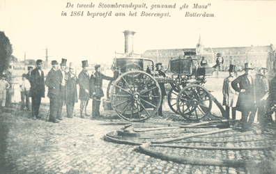 PBK-8832 De tweede Stoombrandspuit, genaamd de Maas in 1864 beproefd aan het Boerengat. Rotterdam.