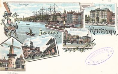 PBK-8881 Souvenir van Rotterdam. Afbeelding van de Boompjes, de Passage, Oostvestplein, Beursplein en het standbeeld ...