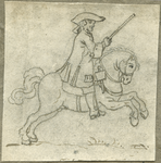 1976-3071 Tekening (pen in bruine inkt) met een voorstelling van een ruiter te paard in galop met een speer. Deze ...