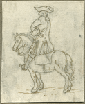 1976-3074 Tekening (pen in bruine inkt) met een voorstelling van een ruiter te paard in wapenuitrusting. Deze tekening ...