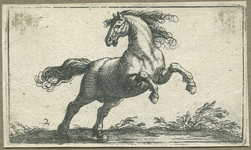 1976-3075 Prent (ets, gravure) met een voorstelling van een steigerend paard. Deze prent is gebruikt voor de productie ...
