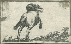 1976-3078 Prent (ets, gravure) met een voorstelling van een steigerend paard, van achteren gezien. Deze prent is ...