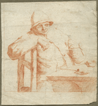 1976-3100 Tekening (roodbruin krijt over potlood) met een voorstelling van een man met een pijp zittend aan een tafel. ...