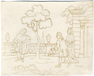 1976-3174 Tekening (pen in bruine inkt) met een voorstelling van een dame en heer en een heer alleen. De heren groeten ...