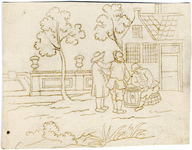 1976-3179 Tekening (pen in bruine inkt) met een voorstelling van drie mannen, mogelijk bij een herberg. Een zit op een ...