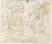 1976-3180 Tekening (pen in bruine inkt) met een voorstelling van twee mannen die op een bankje bij een terras zitten. ...