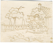 1976-3181 Tegelvoorbeeld met een voorstelling van drie figuren die op een terras zitten bij een herberg. Uithangbord ...