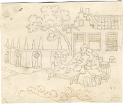 1976-3182 Tegelvoorbeeld met een voorstelling van van drie figuren die op een terras zitten bij een herberg. ...