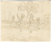 1976-3186 Tegelvoorbeeld met een voorstelling van een dansende dame en heer op een terras.