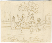 1976-3186 Tekening (pen in bruine inkt) met een voorstelling van een dansende dame en heer op een terras. Deze tekening ...