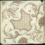 1976-3195-2 Tegelvoorbeeld met tekeningen uit het modellenboekje voor tegels: een ornament met bloem-, blad- en ...