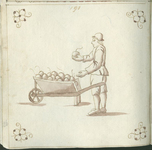 1976-3195-26 Tegelvoorbeeld met tekeningen uit het modellenboekje voor tegels: man (appelventer) met een kruiwagen met ...