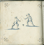 1976-3195-60 Tegelvoorbeeld met tekeningen uit het modellenboekje voor tegels: twee jongens die spelen met een ...