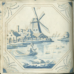 1976-3195-72 Tekening uit het modellenboekje voor tegels: molen en boerderij aan water op de voorgrond visser in ...