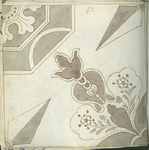 1976-3195-82 Tegelvoorbeeld met tekeningen uit het modellenboekje voor tegels: geometrische bloem- en bladmotieven. Puntster.