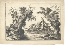 1976-3197 Tegelvoorbeeld met een voorstelling van een hert opgejaagd door twee honden; achter een boom een jager met ...