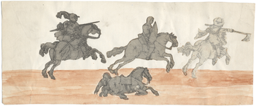 1976-3203 Tegelvoorbeeld met een voorstelling van 1) een ridder te paard, geharnast, met gevelde lans2) een ruiter te ...