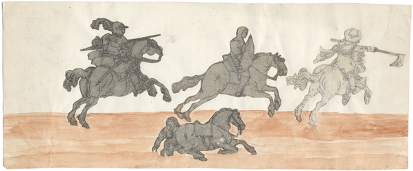 1976-3203 Tekening (penseel in grijze en roodbruine waterverf) en collage met een voorstelling van: 1) een ridder te ...