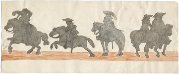 1976-3205 Tekening (penseel in grijze en roodbruine waterverf) en collage met een voorstelling van: 1) ridder te paard, ...