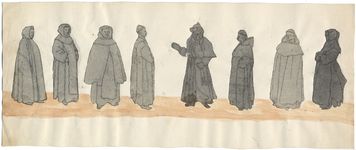 1976-3206 Tegelvoorbeeld met een voorstelling van staande monniken1) naar rechts, capuchon op, armen onder pij.2) naar ...