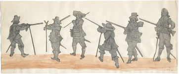 1976-3209 Tekening (penseel in grijze en roodbruine waterverf) en collage met een voorstelling van soldaten met musket ...